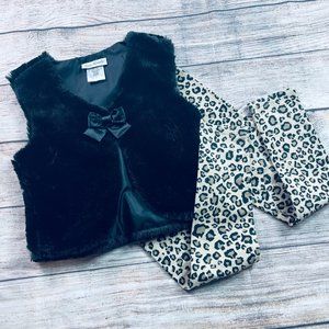 Girls sz 6-8 leopard legging + faux fur vest